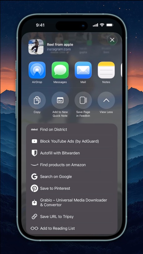 Grabio appearing in the iPhone share sheet alongside other apps - install once, share videos and images from any app to download or convert